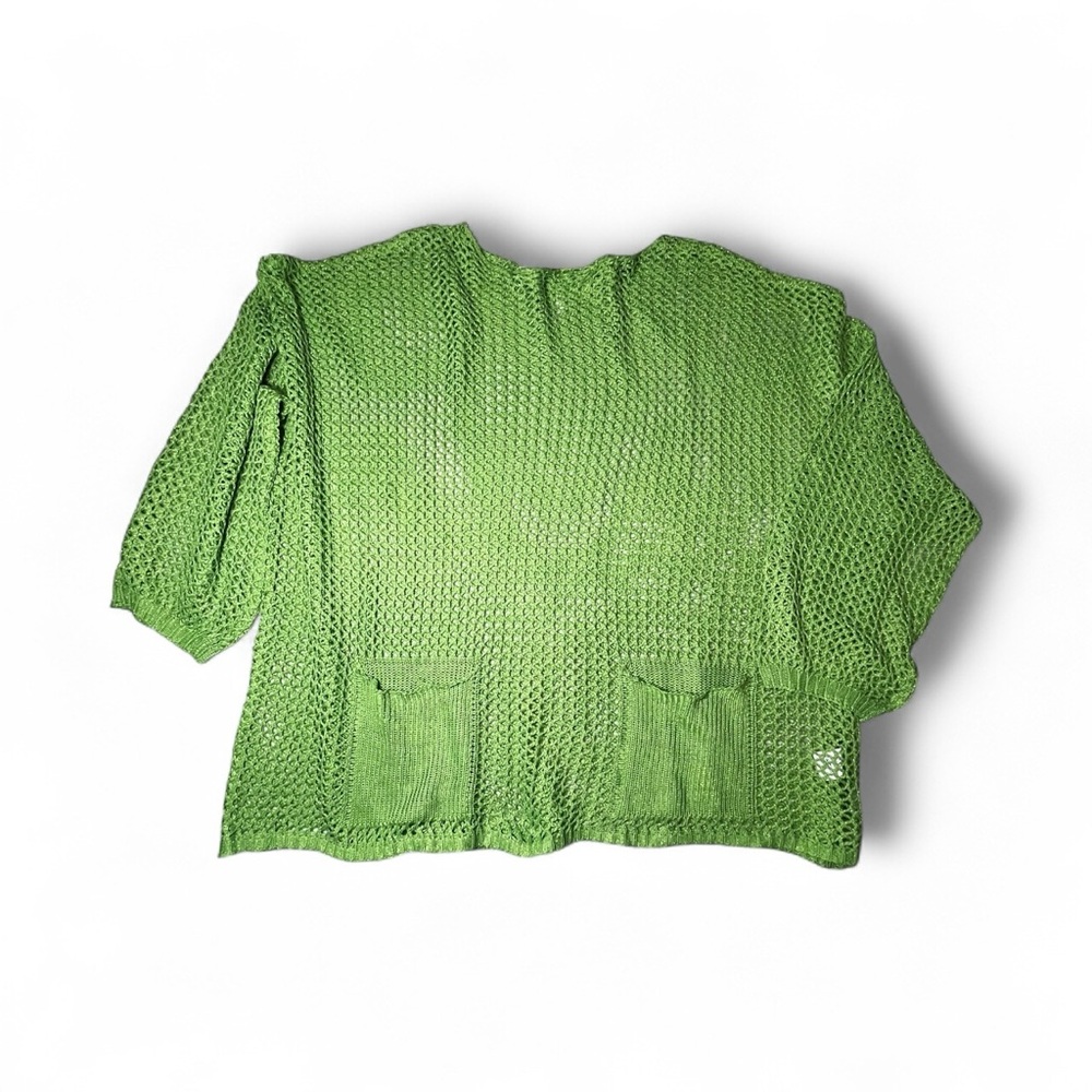 Stylish crocheted beach cover/sweater. XXL green with shiny threads throughout.